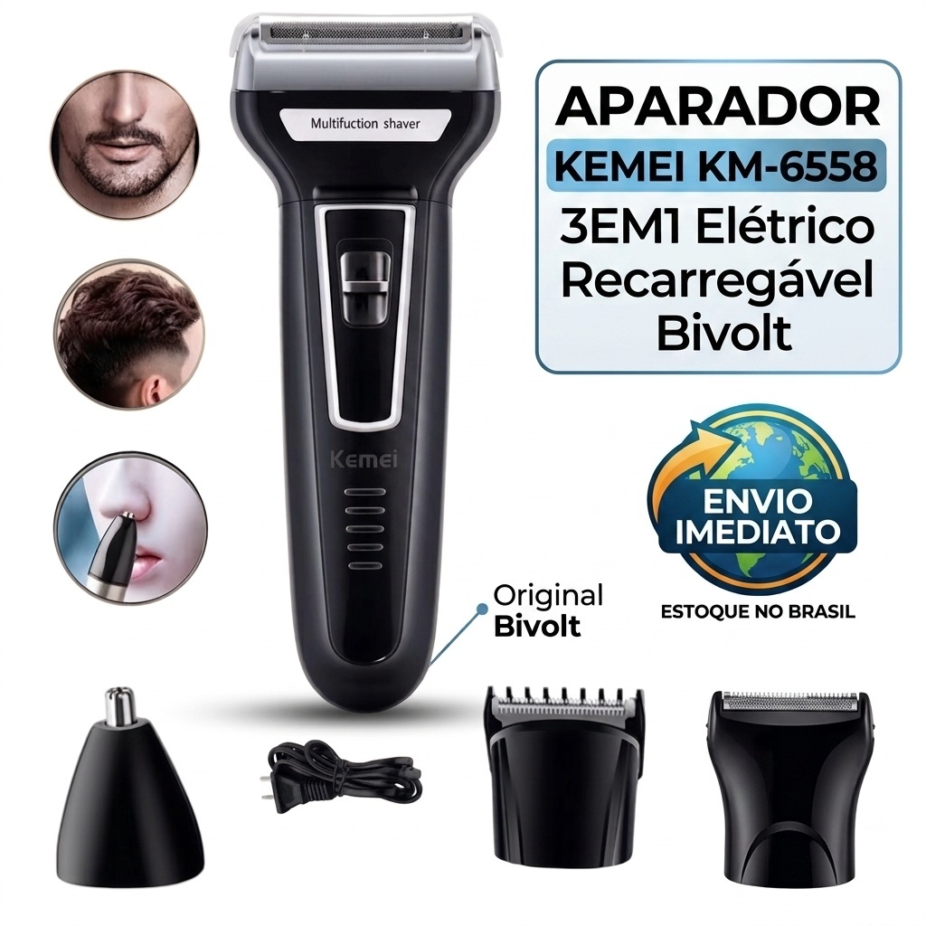 Aparador Kemei KM-6558 3em1 Elétrico Recarregável Bivolt Barba, Nariz, Cabelo, Bigode, Corpo. Máquina Original
