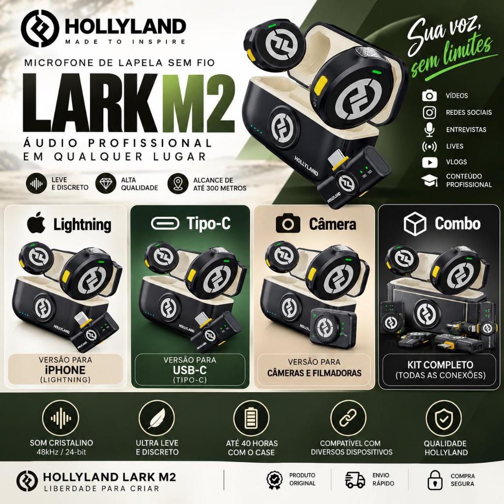 Microfone de Lapela sem fio Hollyland Lark M2 Versão Combo | Versão Lightning | Versão Tipo-C