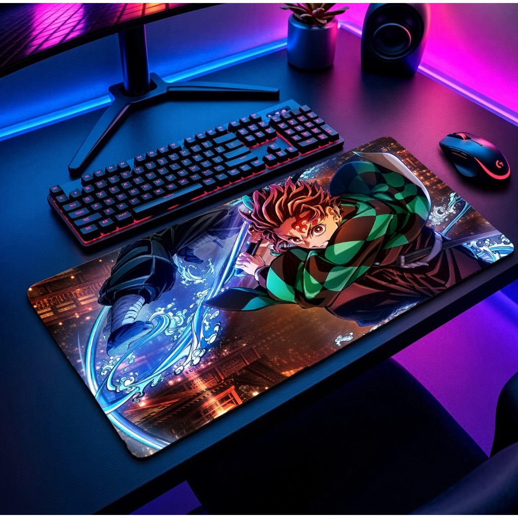 Mousepad Gamer XL Estilo Anime - Guerreiro Mangá com Cidade Noturna Antiderrapante Resistente a Àgua