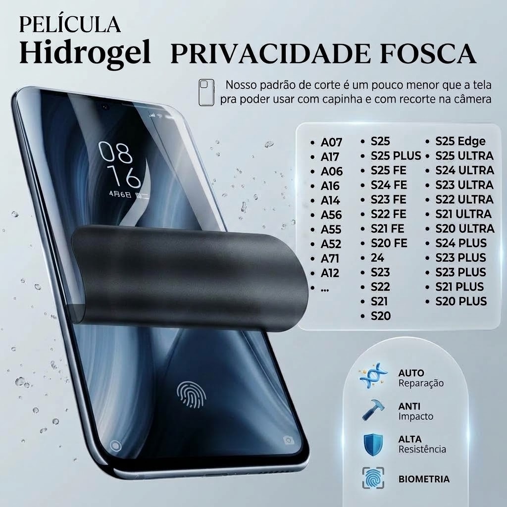 Pelicula Hidrogel Privacidade Fosca PREMIUM Para Samsung S25, S24, S23, S22, S21 - TODOS OS MODELOS ULTRA, PLUS, FE
