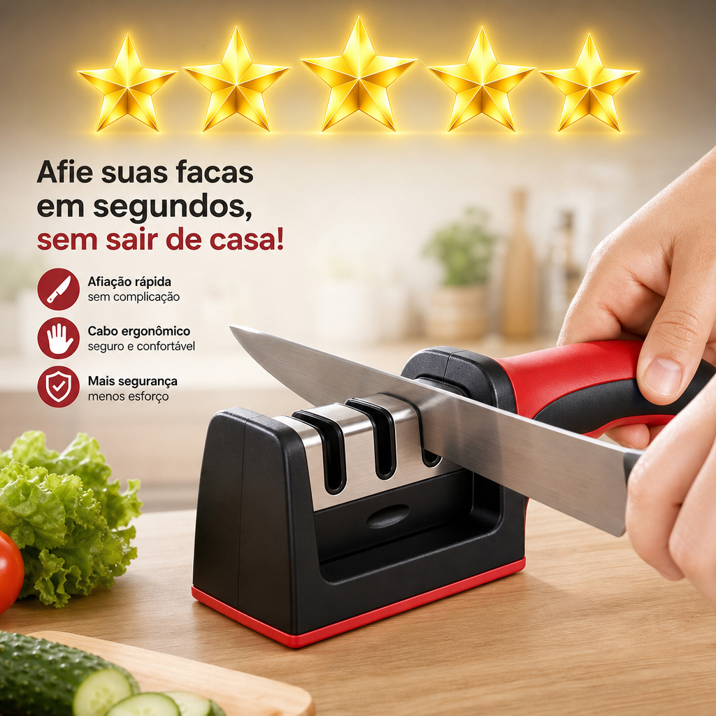 Afiador de Facas Manual 3 em 1, Cabo Ergonômico Antiderrapante, Afiação Rápida para Cozinha e Tesouras