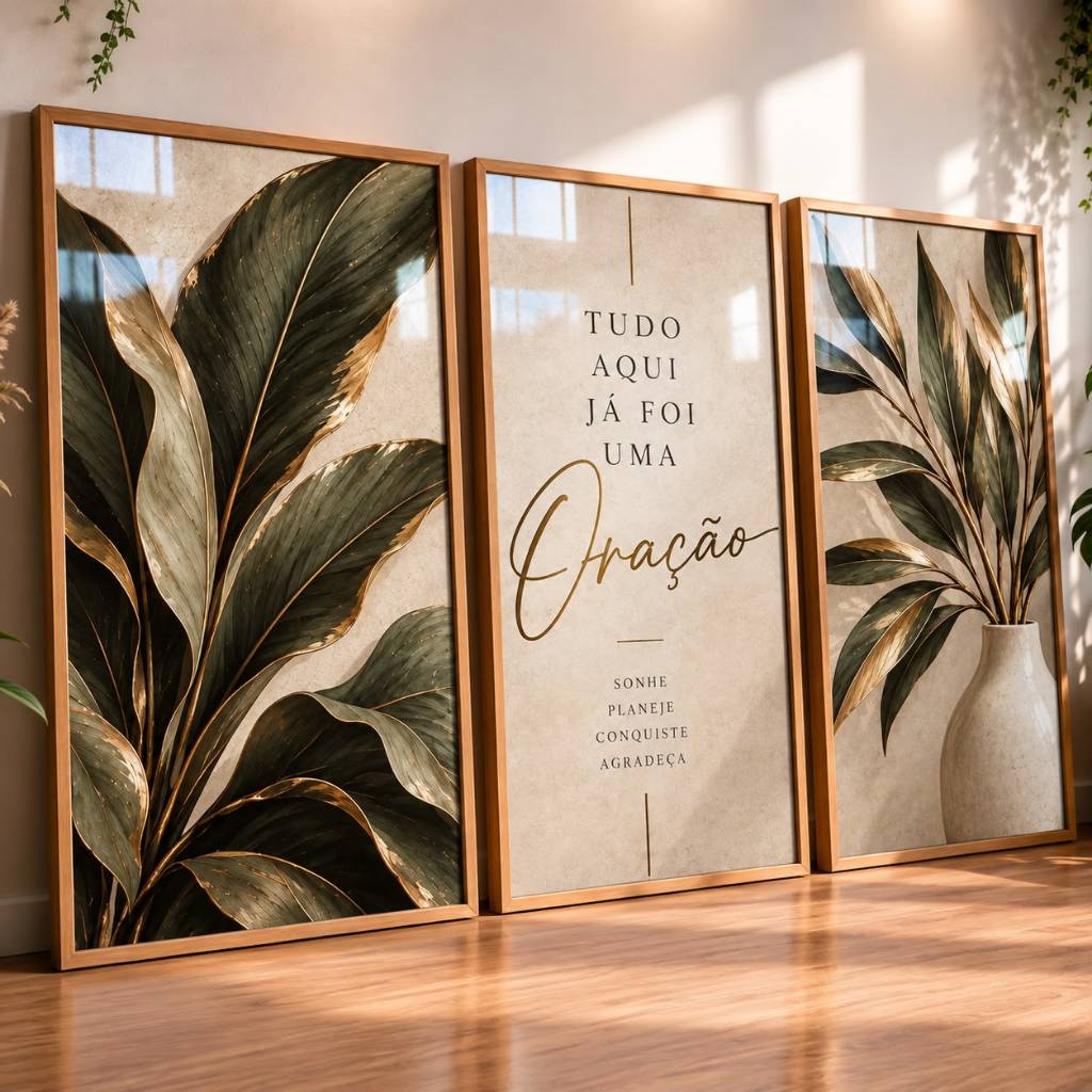 Quadros Decorativos Sala Kit 3 Peças Folhagem Verde Dourado Frase Oração Moderno Luxuoso para Sala Quarto
