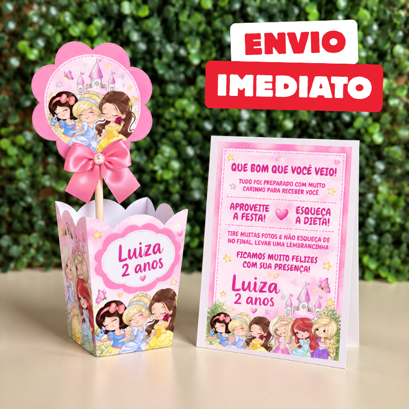 Kit Centro de mesa Princesas Aquarela | Cachepô Personalizado | Enfeite Plaquinha Decoração