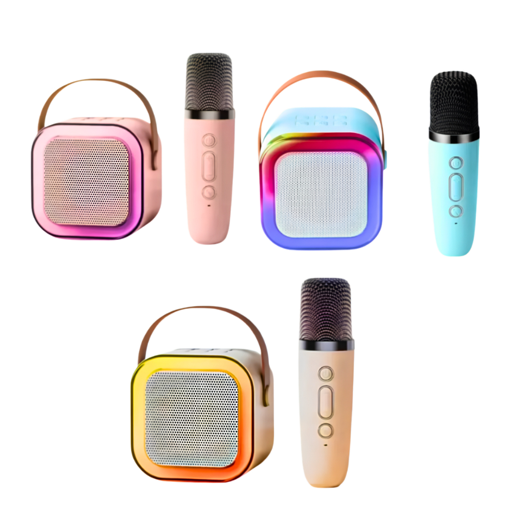 Caixa de Som Bluetooth Karaokê Portátil com Microfone Sem Fio LED RGB K12