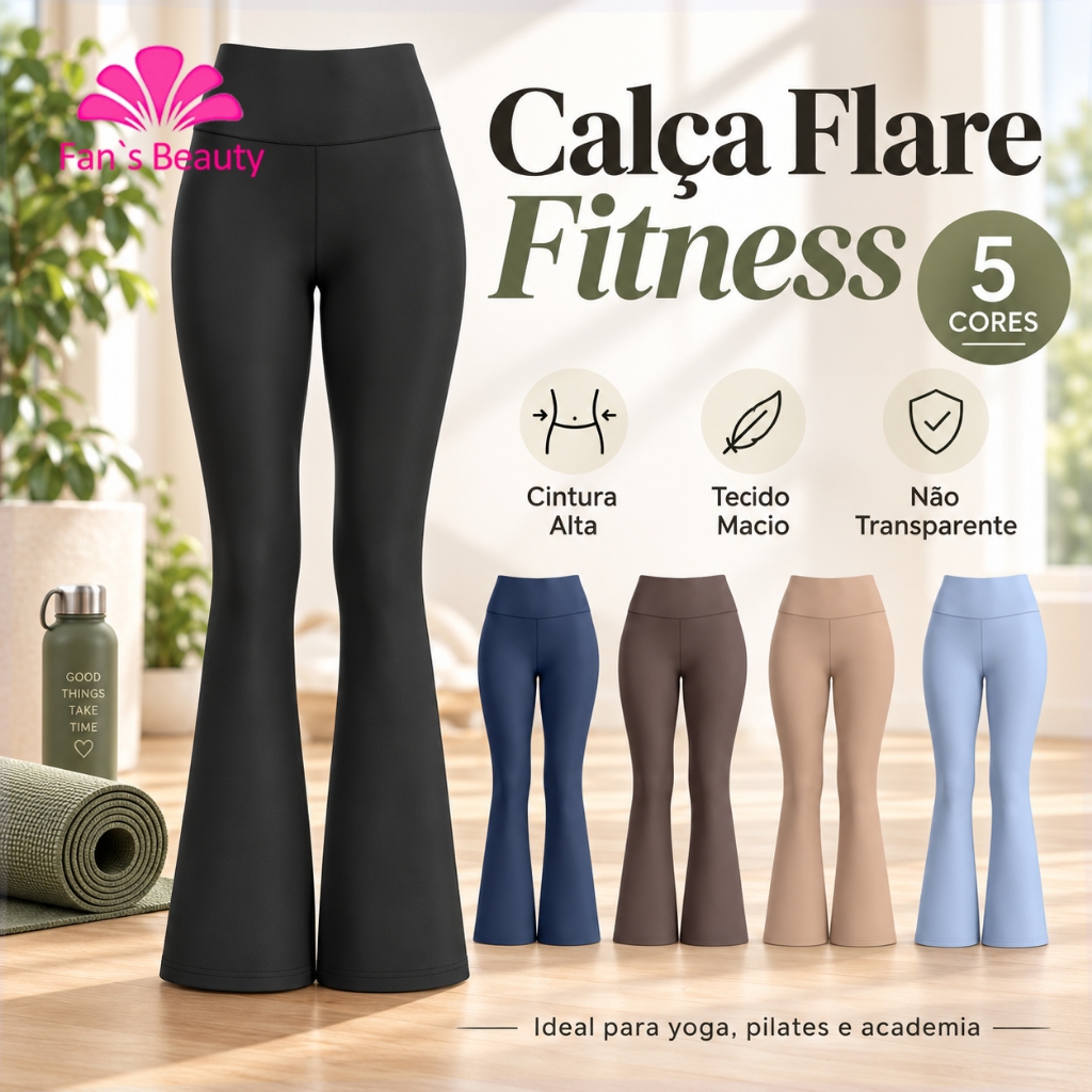 Calça Flare Feminina Fitness Cintura Alta Legging Yoga Pilates Academia Modeladora Não Transparente