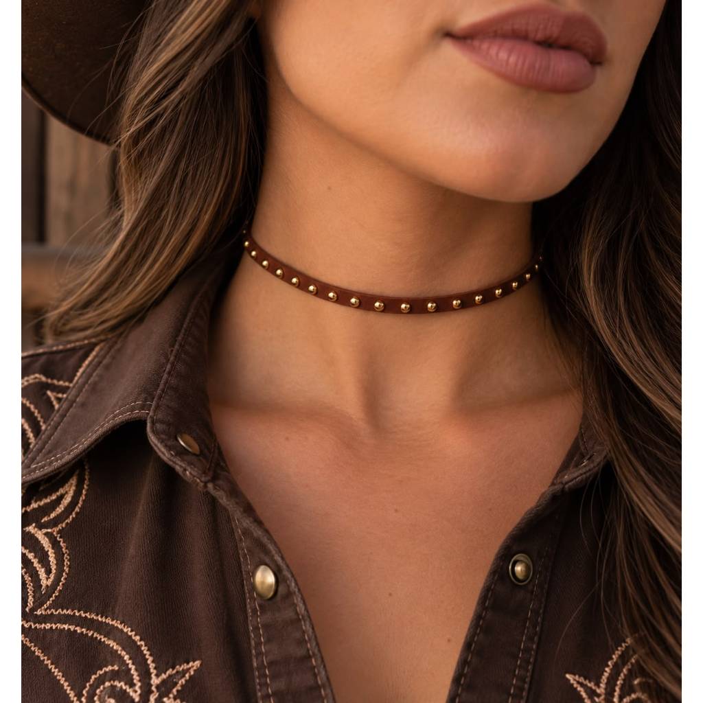 🤠🌵 COLAR BOIADEIRA CHOKER MARROM COM TACHAS DOURADAS | ESTILO WESTERN COUNTRY 🌵🤠03M