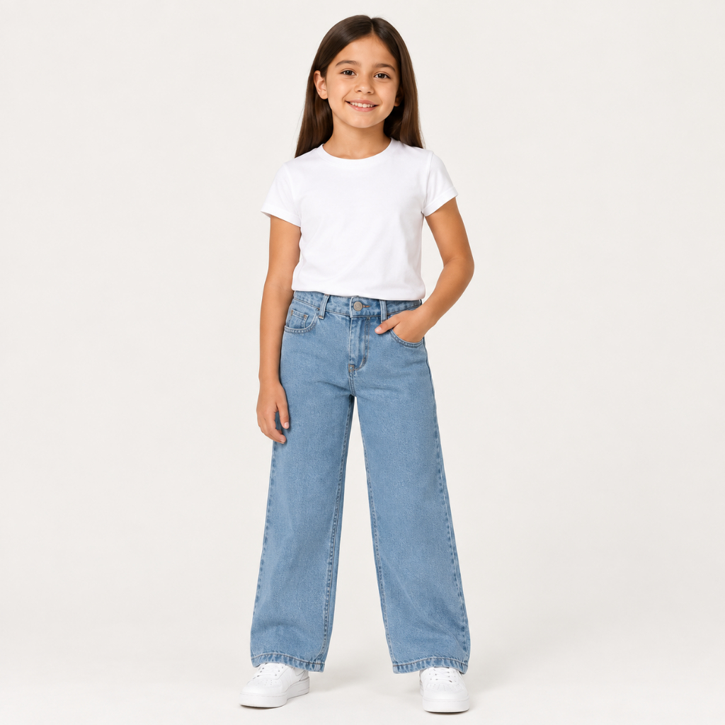 Calça Jeans Feminina Wide Leg Infantil Juvenil Tamanho 4 ao 16 Premium Tecido Primeira Linha Confortavel Versatil