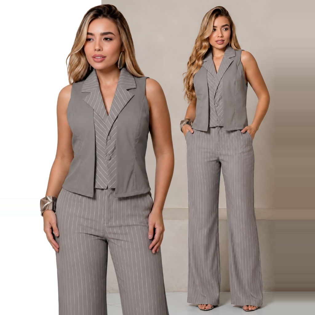 Conjunto 2 Peças Feminino Colete Estruturado Botões Forrados + Calça Pantalona Listrada Cintura Alta Alfaiataria