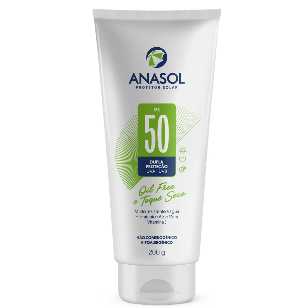 Protetor Solar Anasol FPS 50 200g Toque Seco Oil Free Aloe Vera Ação Hidratante