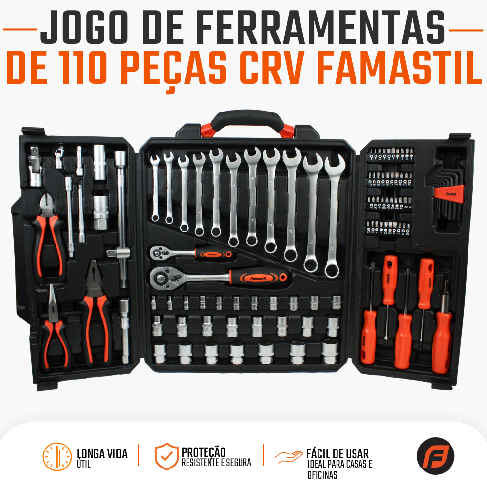 Jogo Ferramentas Famastil 110 Peças Aço CRV com Alicate Universal Soquetes Catraca Maleta Completo