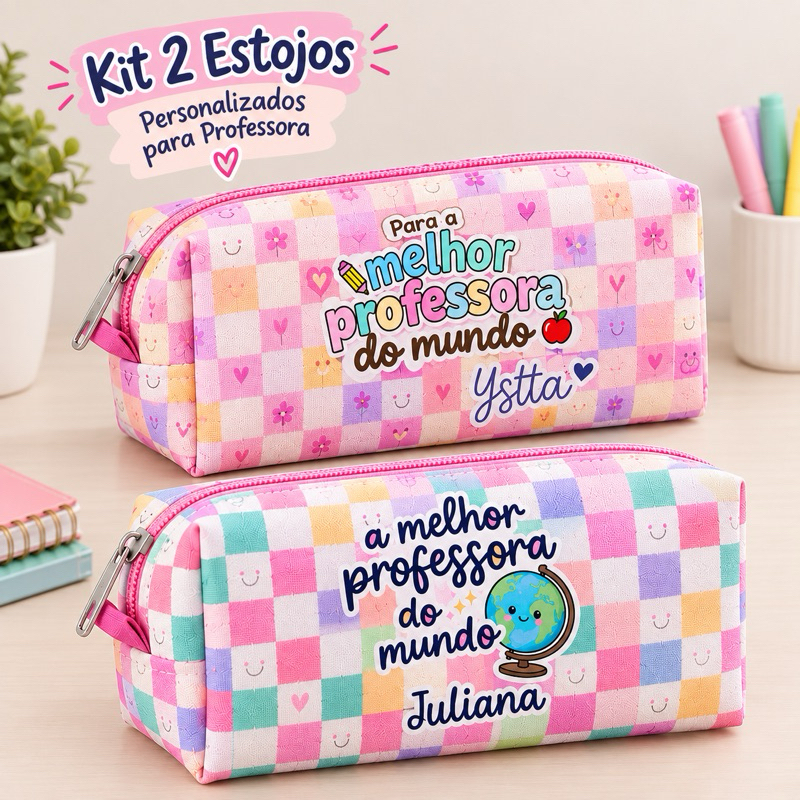 Kit 2 Estojos Professora Personalizados com Nome - 2 nomes – Estojo Escolar Grande