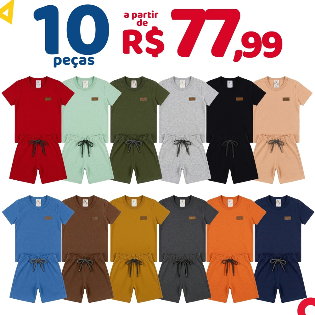 Kit Monocromático 10 Peças Menino Algodão Conjunto Masculino Infantil Manga Curta