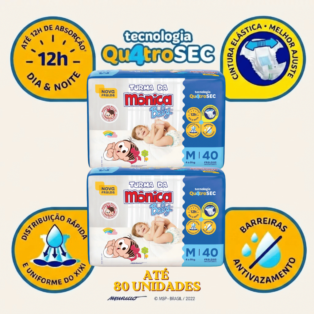 Kit até 2 Fraldas Turma da Mônica Baby M Qu4troSEC | 40 ou 80 Unid | 4 a 9kg