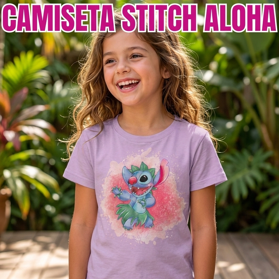 Camiseta Infantil Stitch Aloha Estampada Manga Curta Confortável para Menina