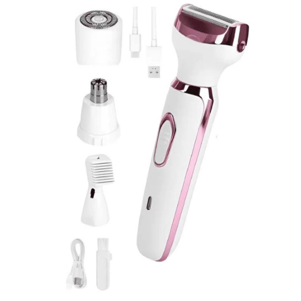Depilador Eletrico Feminino, 4 em 1, Barbeador, Aparador Rosto Corpo, Indolor, Recarregavel, Portatil, USB.