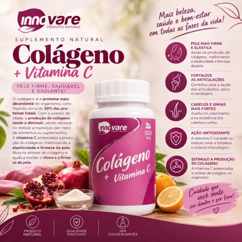 Colágeno + Vitamina C Innovare 60 Cápsulas – Pele, Cabelo e Unhas
