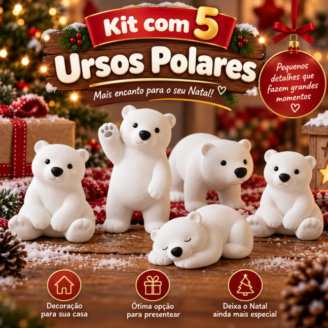 Kit 5 Ursos Polares Decorativos de Natal – Enfeites Natalinos | Decoração de Natal | Presente Criativo