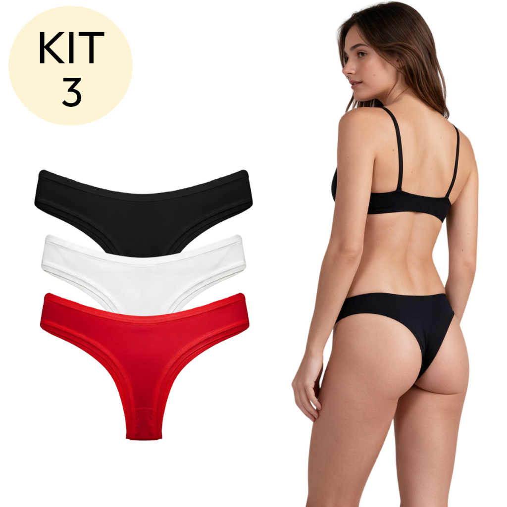 Kit 3 Calcinhas Tanga Lisa Microfibra Confortável Sortido A29