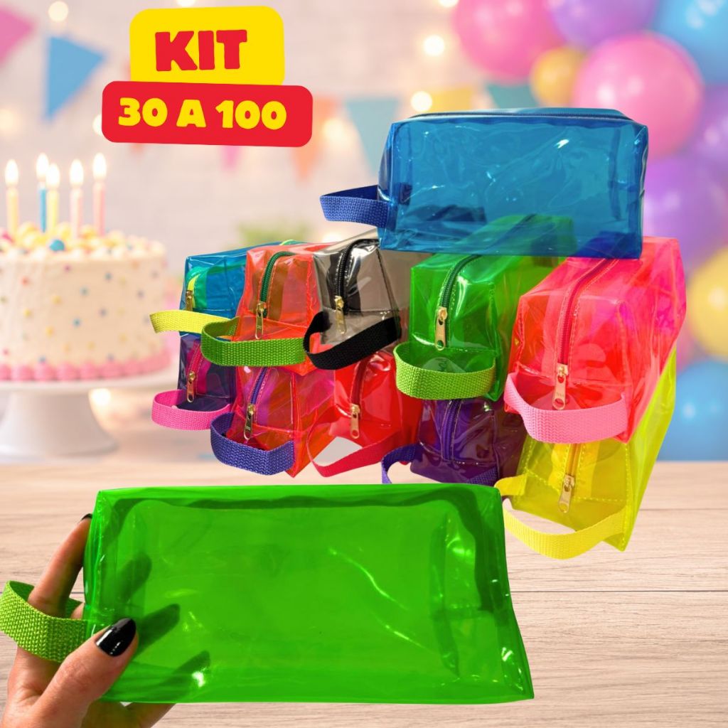 Kit 30 a 100 Necessaire Transparente Lembrancinha Festa Aniversário Estojo Organizador