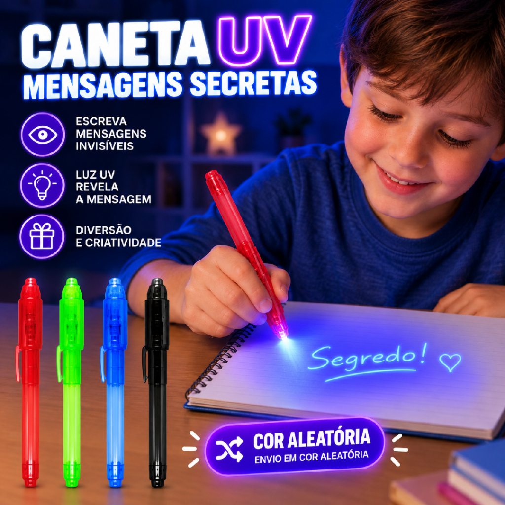Caneta UV de Luz Negra com Tinta Invisível para Desenho e Brincadeiras Criativas