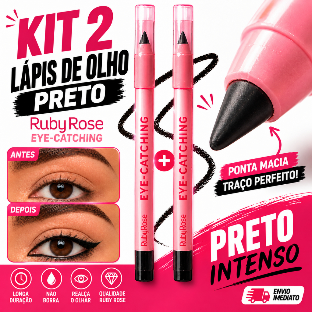 Kit Lápis Olhos e Sobrancelhas Preto Ruby Rose eye catching Original + Apontador | À prova d'água