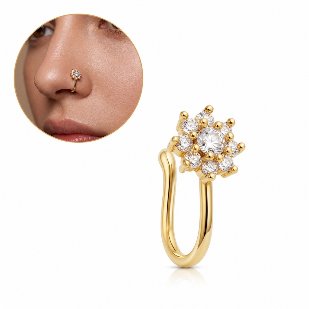 Clipe de Nariz Falso Piercing Flor Zircônia Brilhante Aço Inoxidável Sem Perfuração Jóia Corporal Feminina Moda