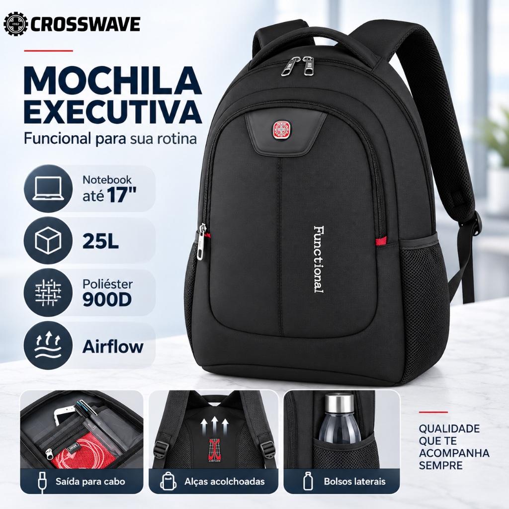 CROSSWAVE Mochila Executiva Premium Masculina para Notebook 17” com Design Profissional e Qualidade Superior