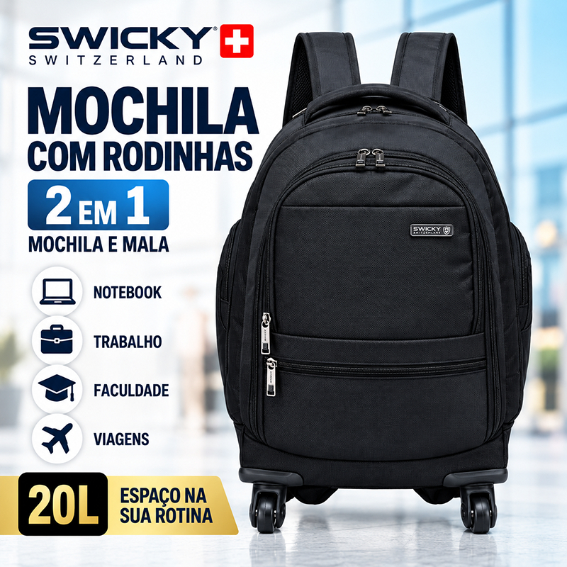 Mochila com Rodinhas Swicky Executiva 2 em 1 para Notebook Trabalho Faculdade Viagem 20L