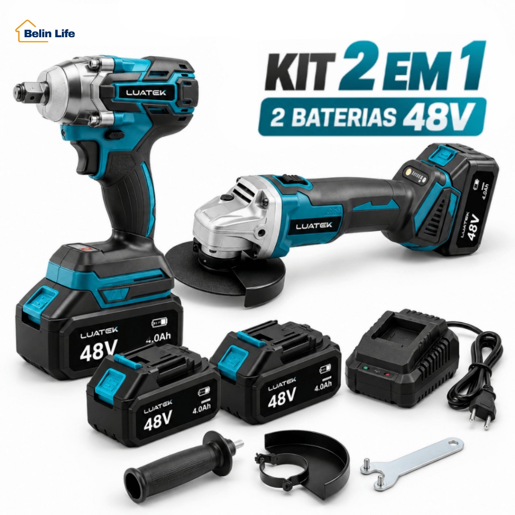 Kit Ferramentas 48V Chave de Impacto e Esmerilhadeira 800W 2 Baterias com Maleta Luatek LWJ-296