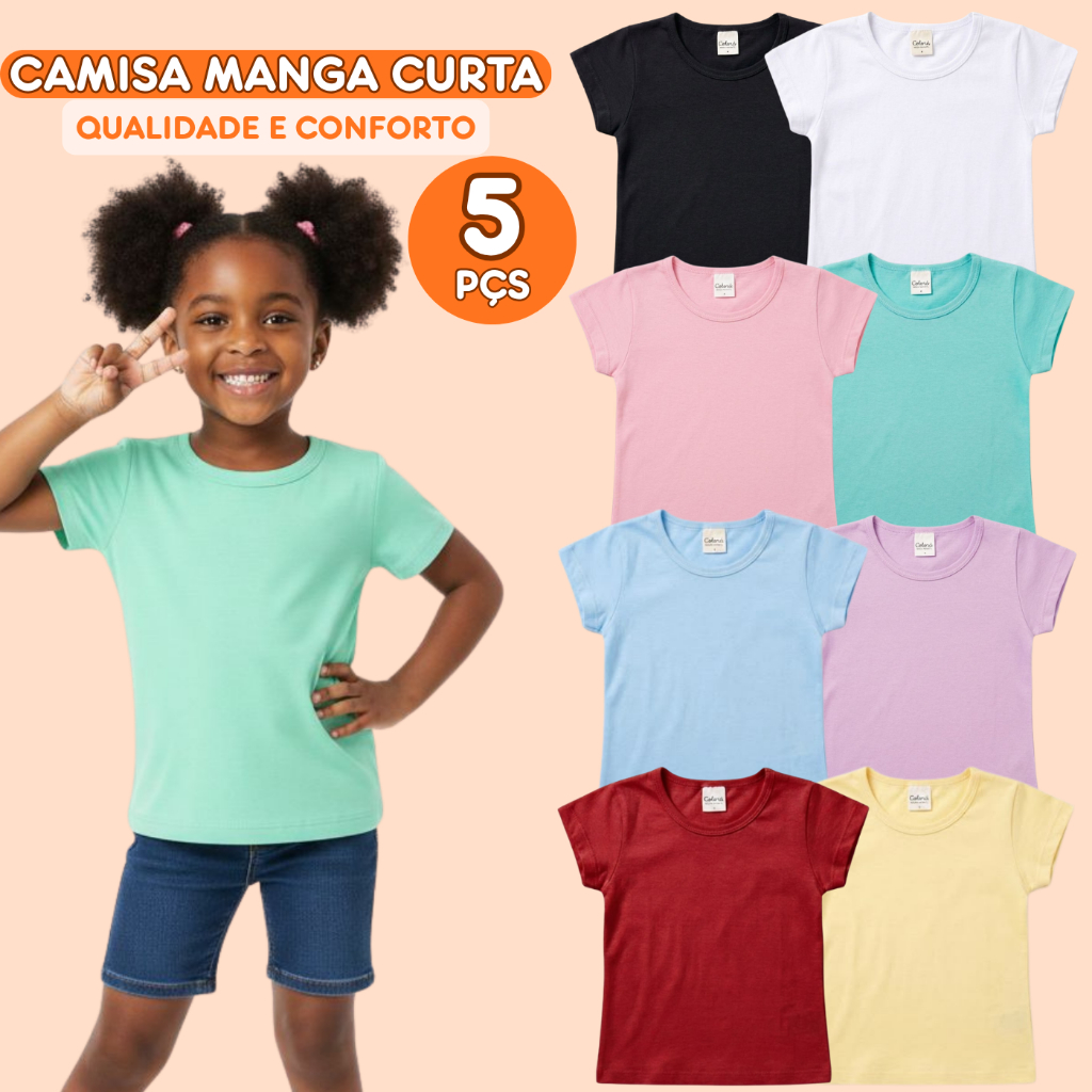 Kit 5 Blusas Manga Curta Infantil Menina Básica Lisa Camiseta Basicas