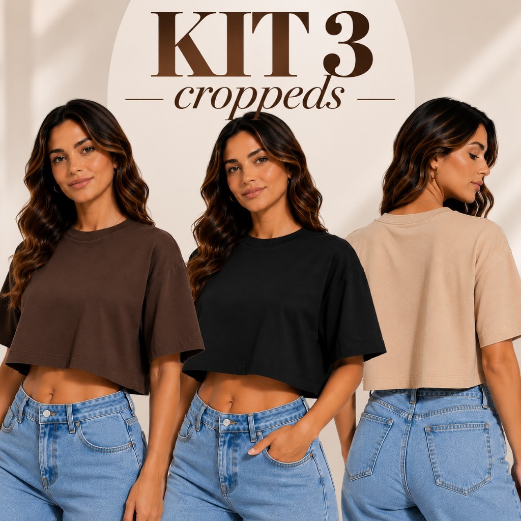 Kit 3 Blusinhas Cropped Femininas Oversized 100% Algodão T-Shirt Básica Soltinha Manga Curta Confortável Casual