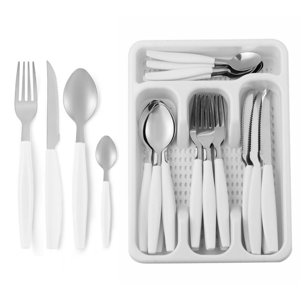 Kit 25 Peças Talheres Inox Cesto Organizador Plástico Branco Completo para Mesa