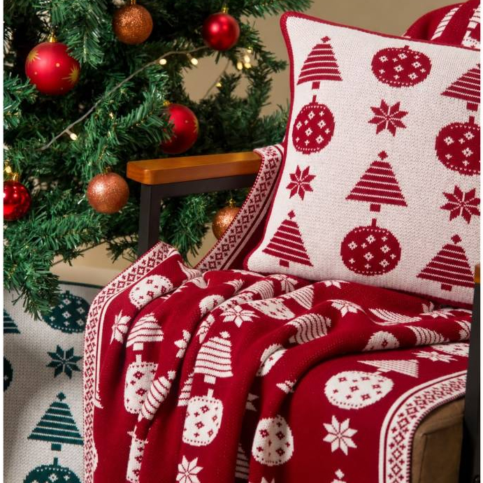 Kit Manta Natal Sofa Poltrona + 2 Capas Almofada Natal Tricot Ziper Decoração