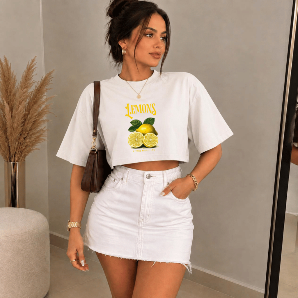 Cropped Feminino Estampado Fruta Tropical Lemon Verão Oversized 100% Algodão Estiloso 2026