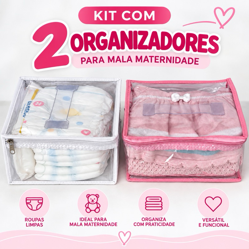 Kit 2 Nécessaire Transparente Organizador Bolsa Mala Saída Maternidade Troca e Fralda bebe