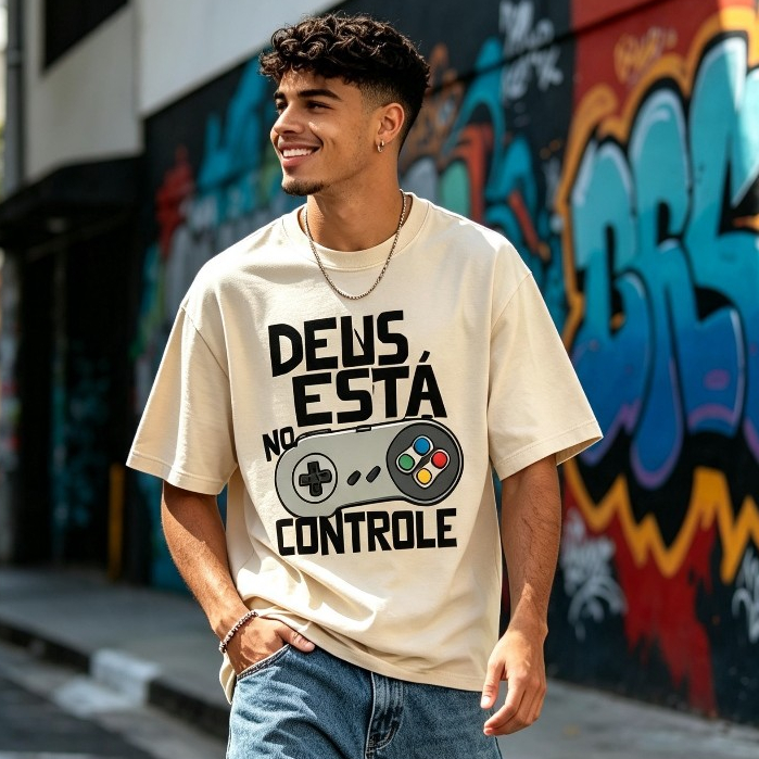 Camiseta Estampada Deus No Controle Moda Jovem Cristã Camisa Evangelica Com Estampa Mensagem Religiosa Em Algodão Street
