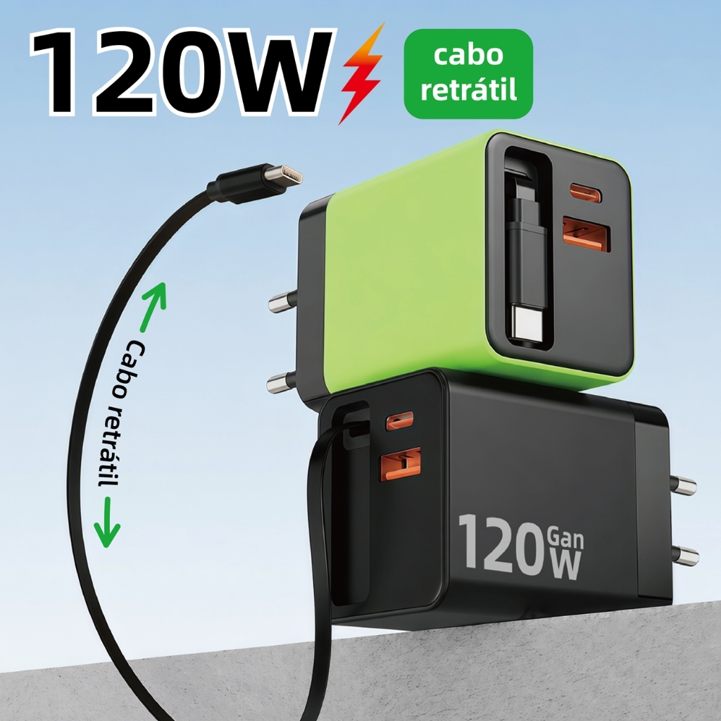 Carregador de Parede 120W Turbo GaN com Cabo Retrátil Carregamento Rápido para Android e iOS