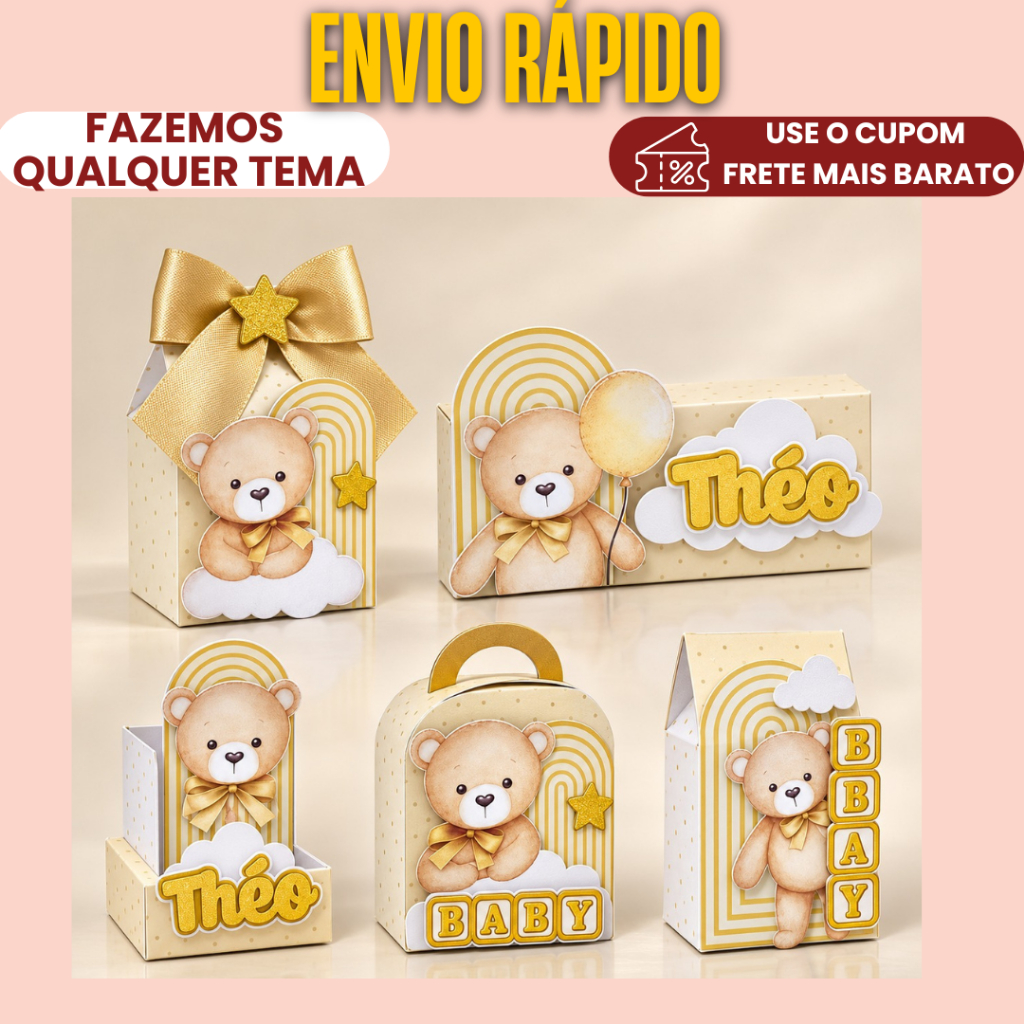 Lembrancinha Personalizada Kit Clássico Chá revelação dourado Ursinho C/ APLIQUE 3D caixinha de festa -  PEGUE E MONTE