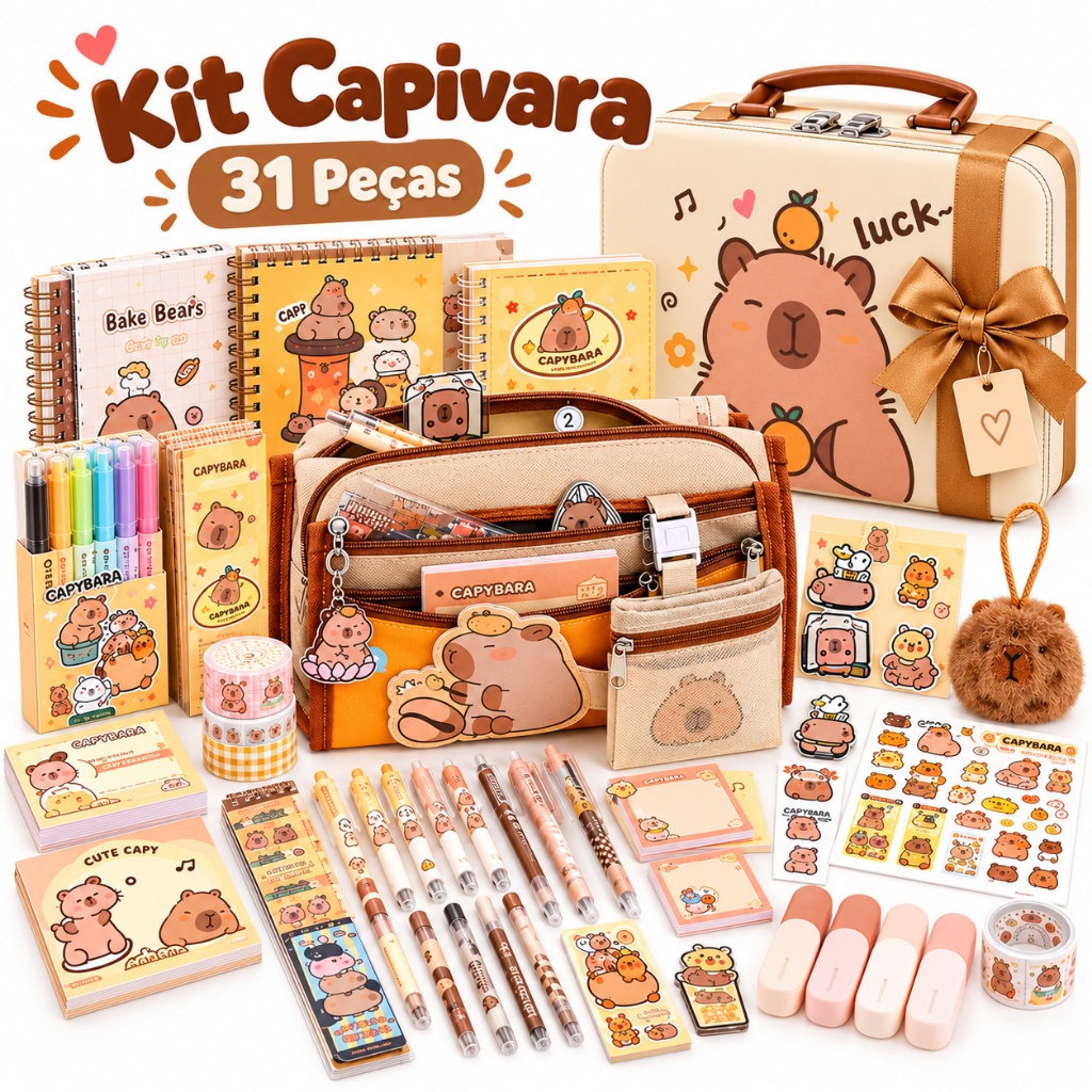 Kit Papelaria Capivara 31 Peças Estojo Canetas Caderno Presente Escolar Infantil