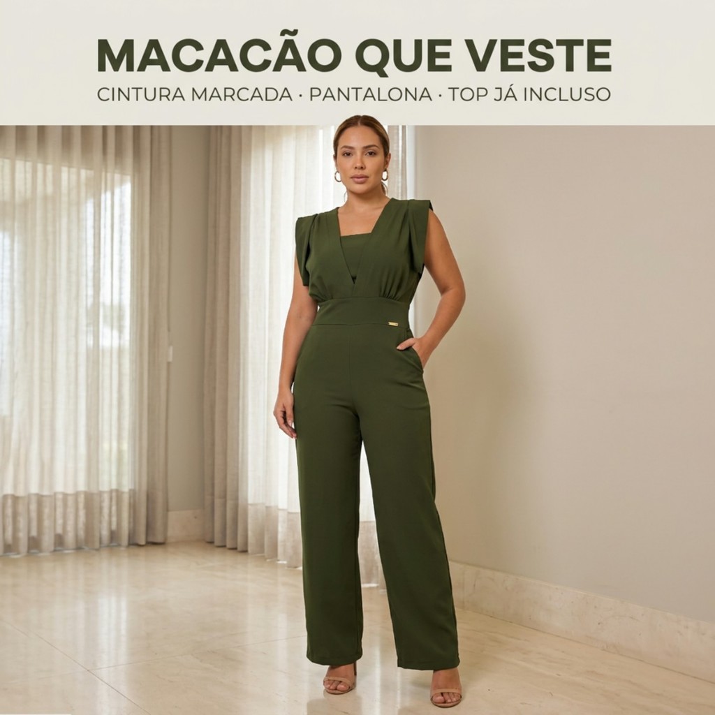 Macacao Longo Feminino Sedinha Premium Com Top Pratico Conforto Trabalho Casual Bolso Cintura Elegante