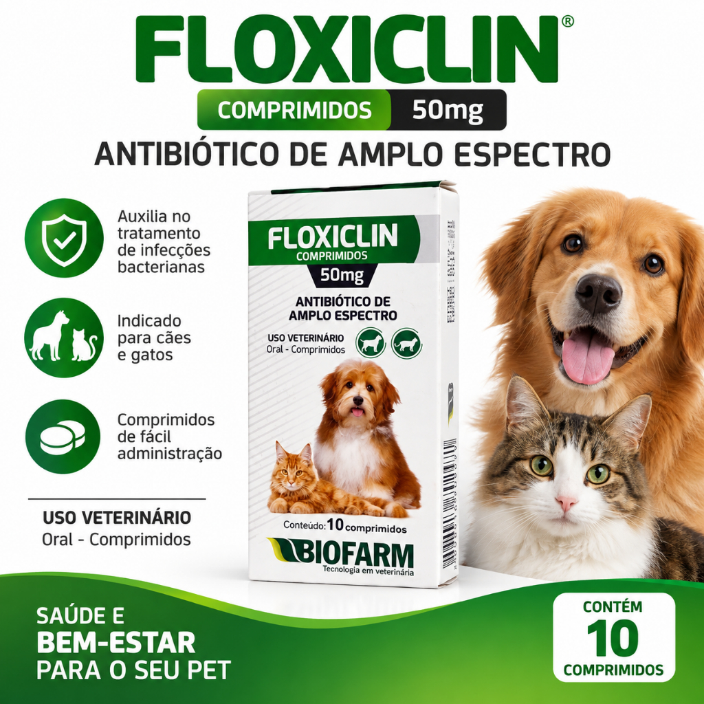 Kit Floxiclin 50mg Biofarm 10 Comprimidos Para Infecções - Diarreias e Otites