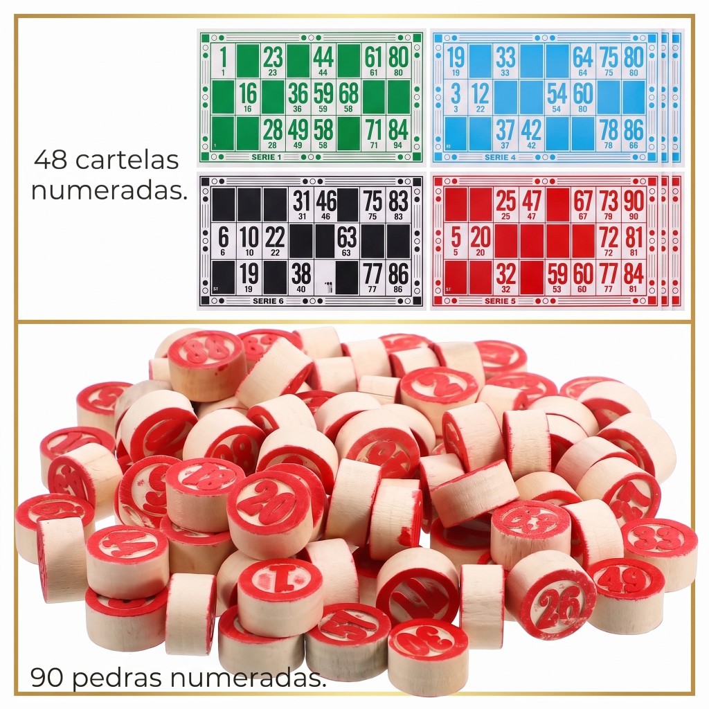 Cartelas de Bingo com Marcadores Jogo de Bingo Completo 90 Pedras Em Madeira E 48 Cartelas Numeradas