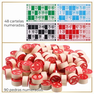 Cartelas de Bingo com Marcadores Jogo de Bingo Completo 90 Pedras Em Madeira E 48 Cartelas Numeradas