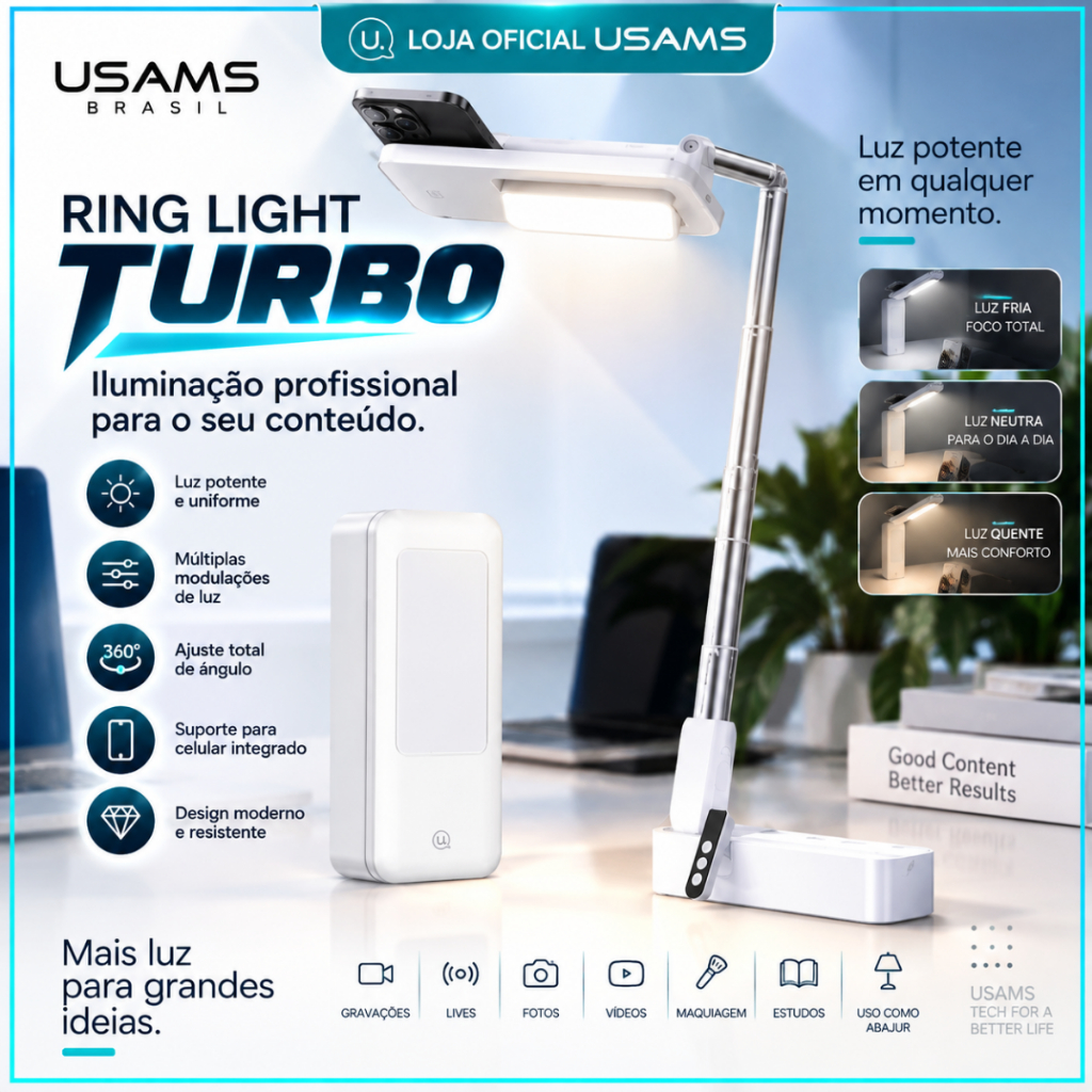 Ring Light USAMS Turbo LED Iluminador Luz Potente para Celular Fotos Vídeos Lives e Conteúdo Base Reforçada