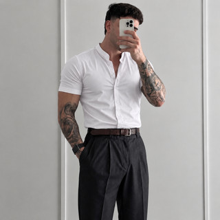 Camisa Masculina Gola Pastor Social Casual Padre Algodão Manga Curta Moda Luxo Algodão e Linho