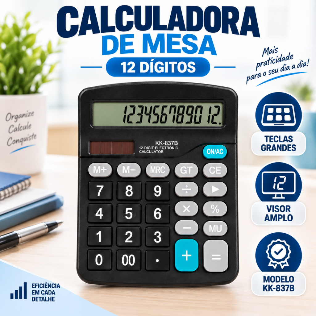 Calculadora de Mesa 12 Dígitos Visor Grande Painel Solar e Pilha Preta Escritório Comércio