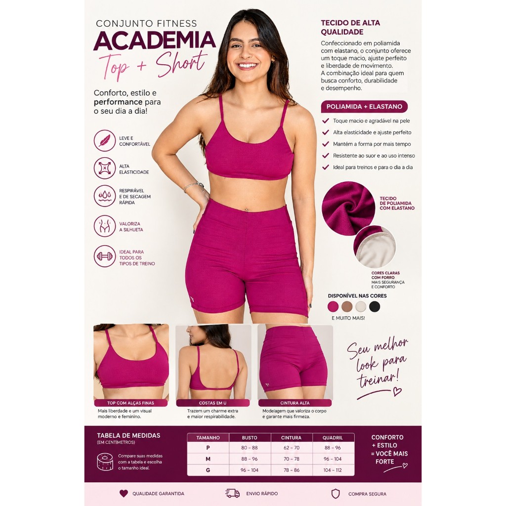 Conjunto Fitness Feminino Top e Short Cós Alto Academia Treino Roupa Feminina Esportiva Confortável