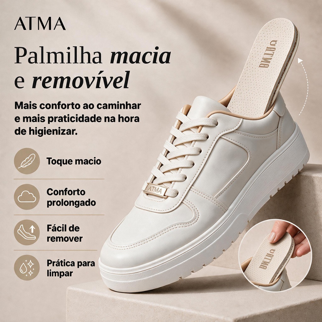 Tênis Feminino Casual Atma Napa Branco Preto Macio Confortável Versátil Sapatênis Básico Passeio Dia · foto 2