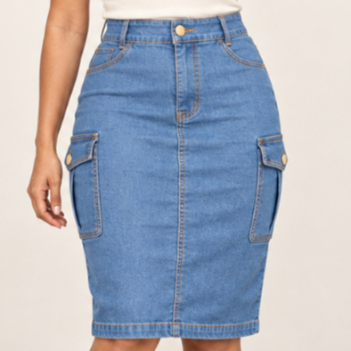 Saia Cargo Jeans Feminina Mídi Cintura Alta Bolso Cargo Lateral