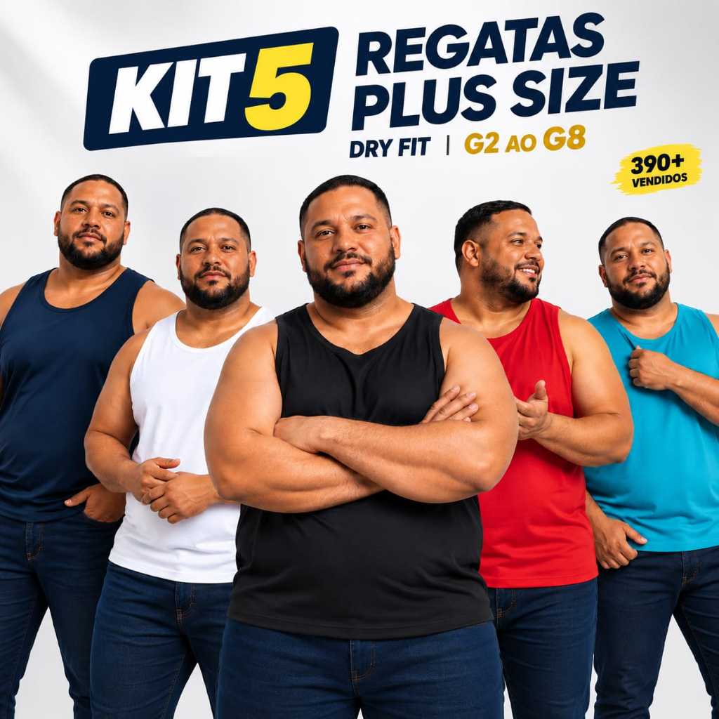 Kit 5 Regatas Masculina Plus Size Dry Fit G2 ao G8 Academia treino Caminhada